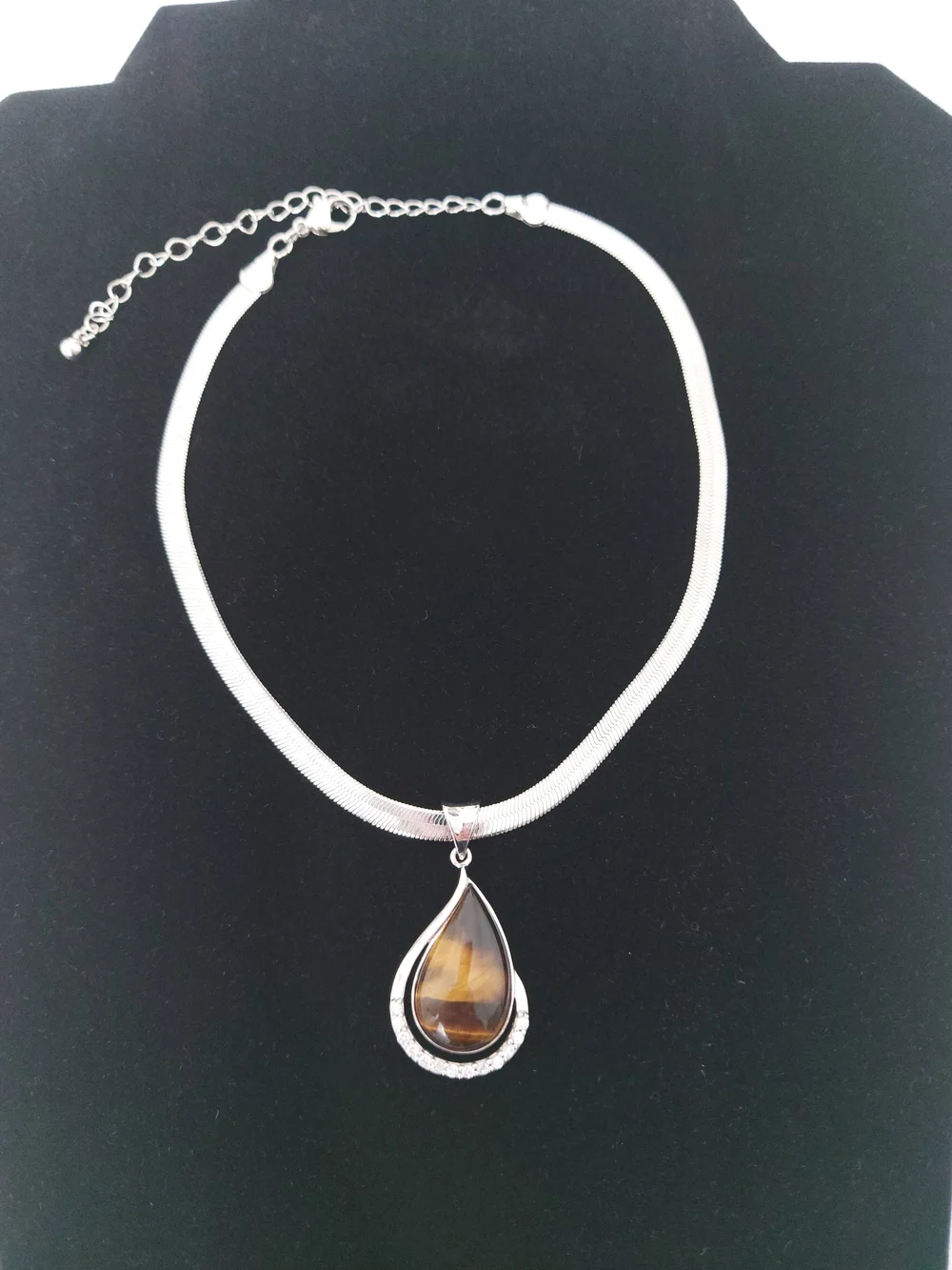 Tiger Eye Crystals Teardrop Pendant Necklace Silver Tone  Statement Necklace